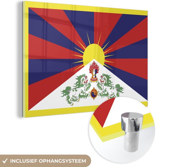 MuchoWow® Glasschilderij 120x80 cm - Schilderij acrylglas - Een illustratie van de vlag van Tibet - Foto op glas - Schilderijen