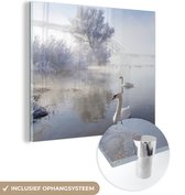 MuchoWow® Glasschilderij 90x90 cm - Schilderij acrylglas - Zwanen - Water - Winter - Foto op glas - Schilderijen
