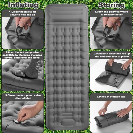 zelfopblazende slaapmat, campingluchtmatras met voetperspomp en kussen, opblaasbare slaapmat voor buiten, ultralicht waterdicht voor wandelen, buiten, kamperen, reizen 195 x 65 x 12 cm - grijs van Hikenture — afbeelding 3