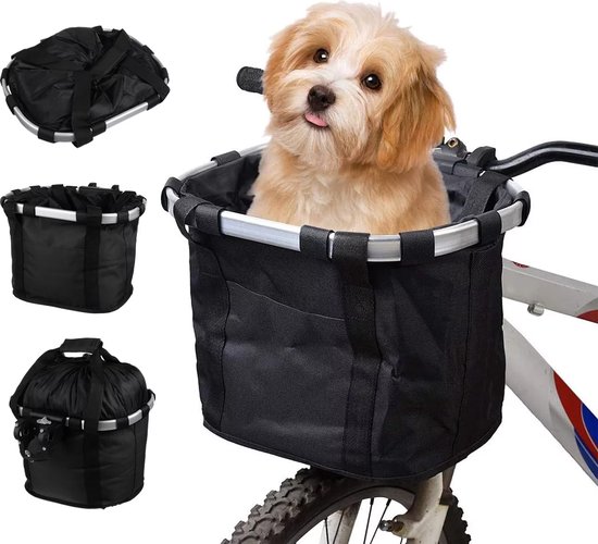 Zwarte afneembare fietsmand voorop met aluminium frame, met een hondje erin.