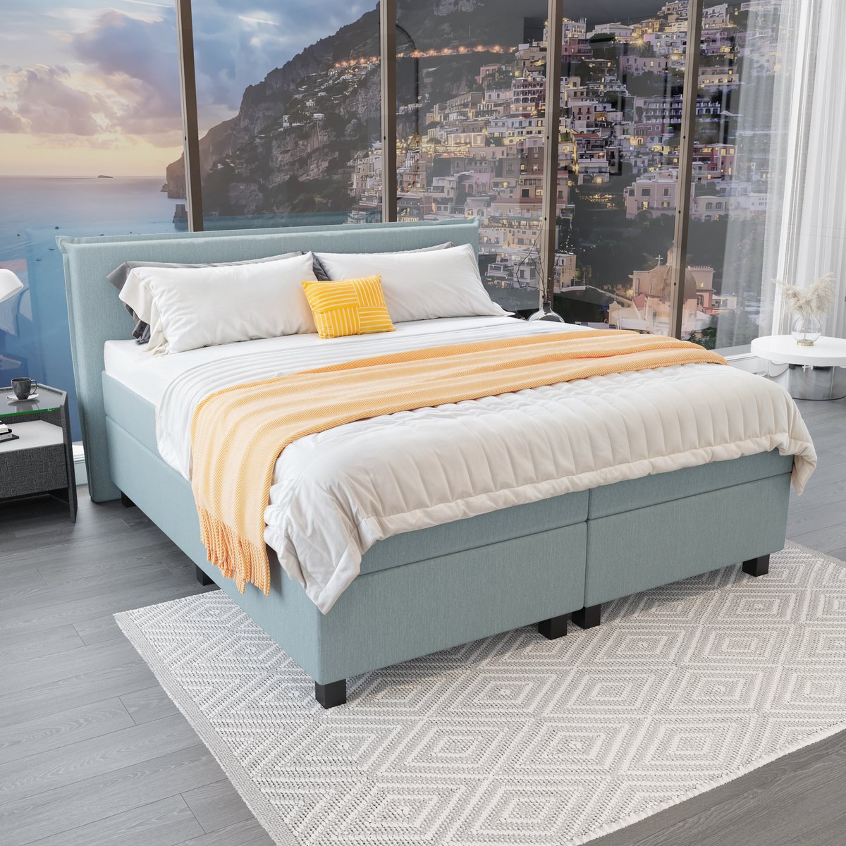 Mörgenn Boxspring Capri - Pocketvering Boxen en matrassen - Luxe 12cm topper - IJsblauw - 90x210 cm - Inclusief Dekbed en Kussens Lichtblauw