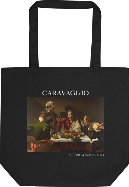 Caravaggio 'Het Avondmaal te Emmaüs' ("Supper at Emmaus") Beroemde Schilderij Tote Bag | 100% Katoenen Tas | Kunst Tote Bag | Zwart