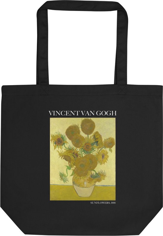 Vincent van Gogh 'Zonnebloemen' ("Sunflowers") Beroemde Schilderij Tote Bag | 100% Katoenen Tas | Kunst Tote Bag | Zwart