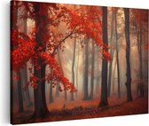Artaza Canvas Schilderij Rode Bladeren in een Mistig Bos - 120x80 - Groot - Foto Op Canvas - Canvas Print