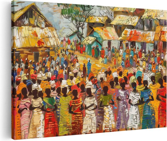 Toile d'un marché africain animé, avec de nombreuses personnes en tenues colorées, et des huttes traditionnelles.