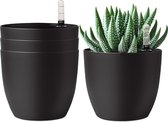 Bloempot, geeft zichzelf water, 15 cm, met waterindicator, zwart, set van 4, waterreservoir, plantenbak, voor binnen en buiten