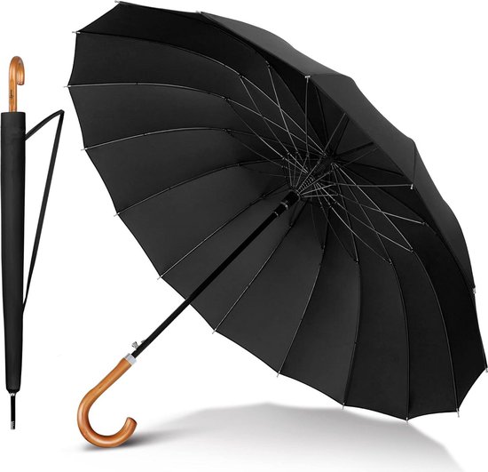 Grote paraplu winddicht sterk 16 ribben met houten handvat - Heavy Duty herenparaplu voor mannen en vrouwen umbrella