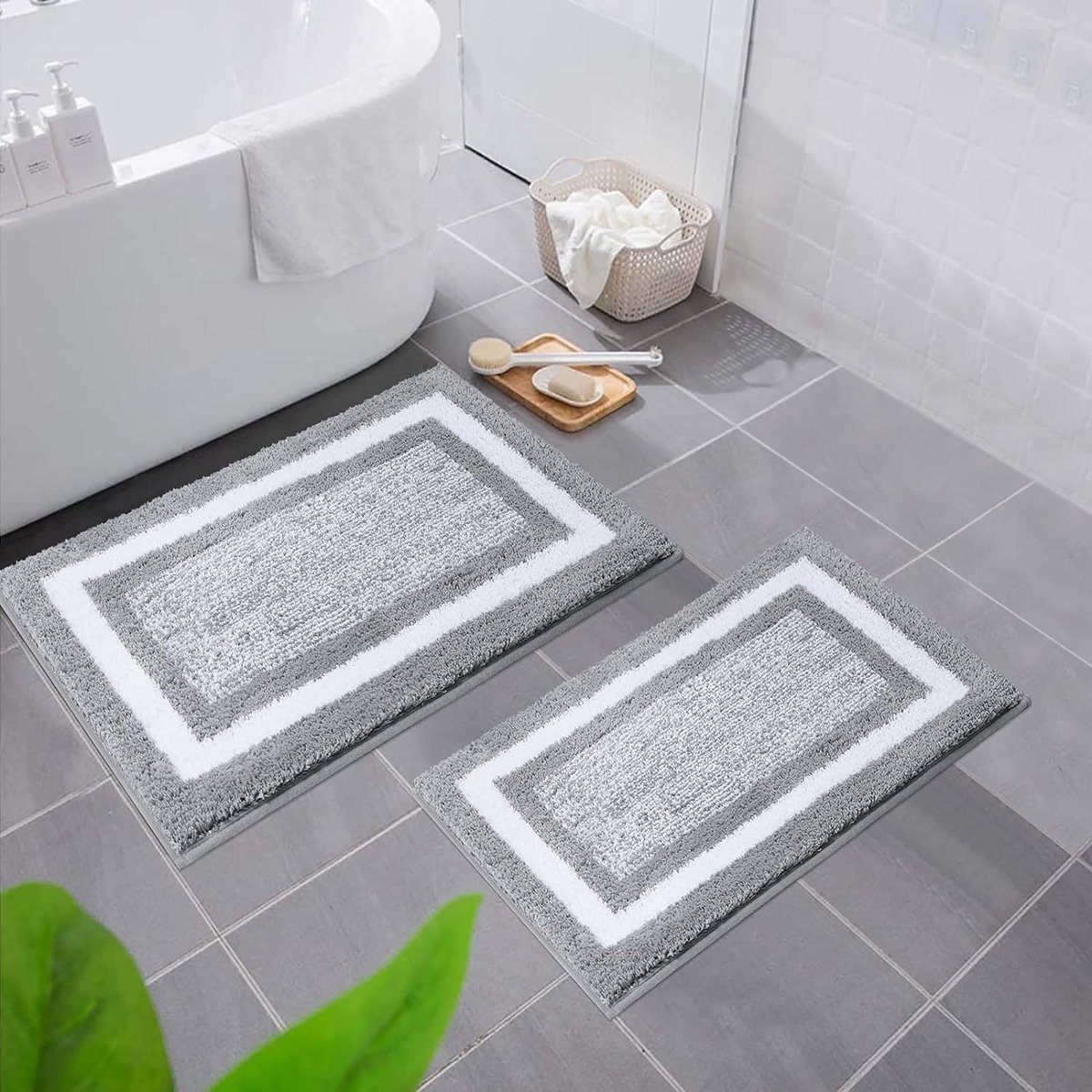 Badmat set 2-delig antislip wasbaar badmat set pluizige hoogpolig badmat badmat set douchemat voor badkamer - 40 x 60 cm + 50 x 80 cm (grijs)