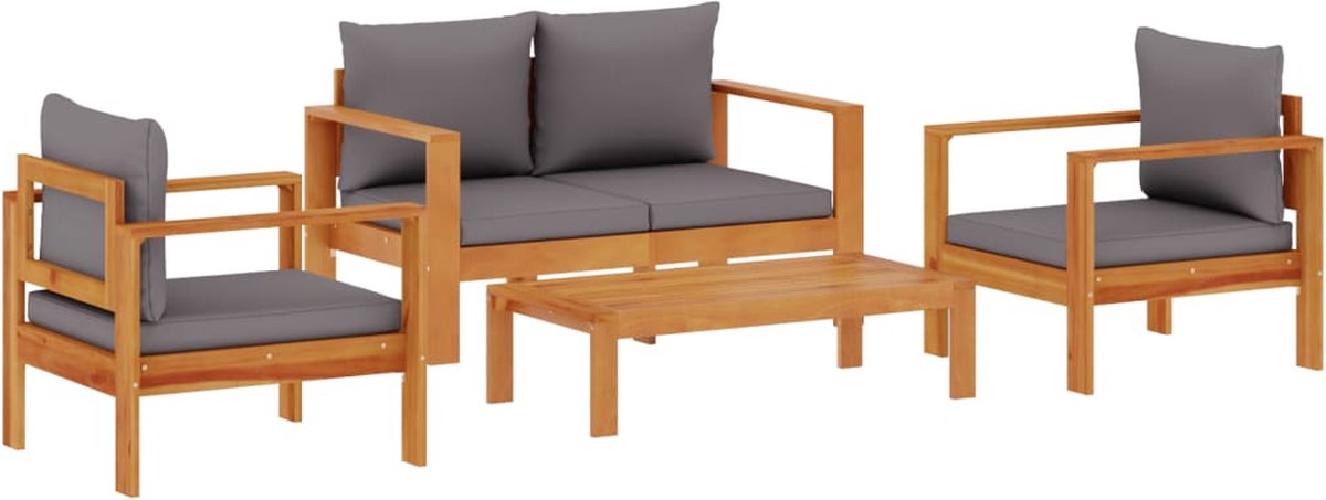 vidaXL 4-delige - Loungeset - met - kussens - massief - acaciahout donkergrijs