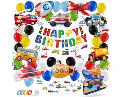 Fissaly 71 Stuks Voertuigen Feest Versiering – Kinderfeestje Decoratie – Boot, Vliegtuig, Raket, Bus & Tractor – Ballonnen - Verjaardag Feestje