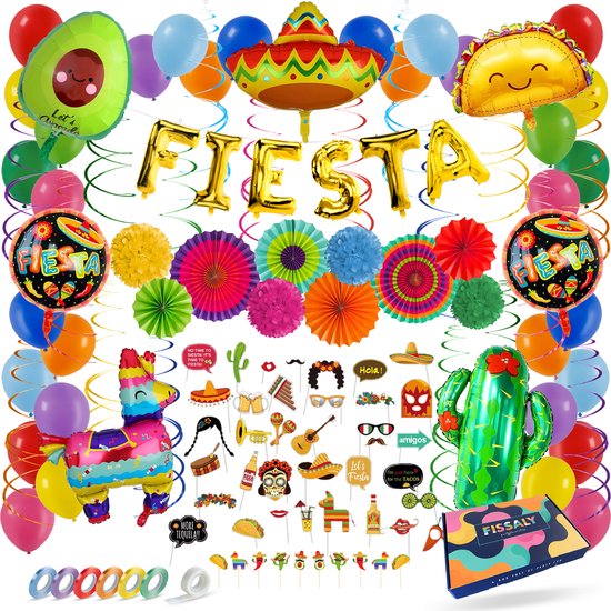 Fissaly 71 Stuks Mexican Fiesta Feest Versiering – Pinata, Sombrero & Catcus Decoratie Ballonnen – Fiestas Verjaardag Feestje