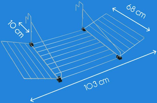 Schematische tekening van zwart droogrek met afmetingen: 103 cm lang, 68 cm breed en 10 cm diep.