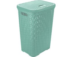 Hega Hogar Wasmand met deksel Rotan - mintgroen - gevlochten kunststof - 60 liter - 34 x 43 x 62 cm