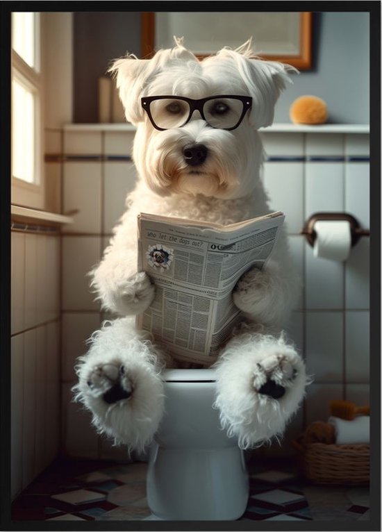 Humoristische Witte Hond op de WC Poster! Leuk voor je eigen huis of als cadeau. 50x70cm met zwarte lijst