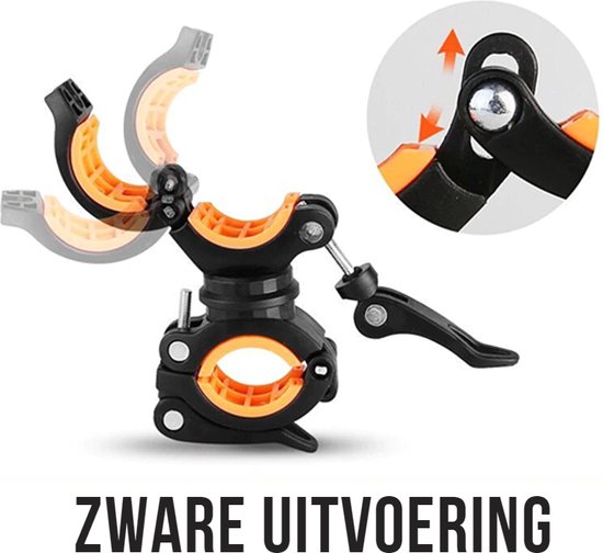 Zware uitvoering: zwarte en oranje houder, verstelbaar in verschillende hoeken.