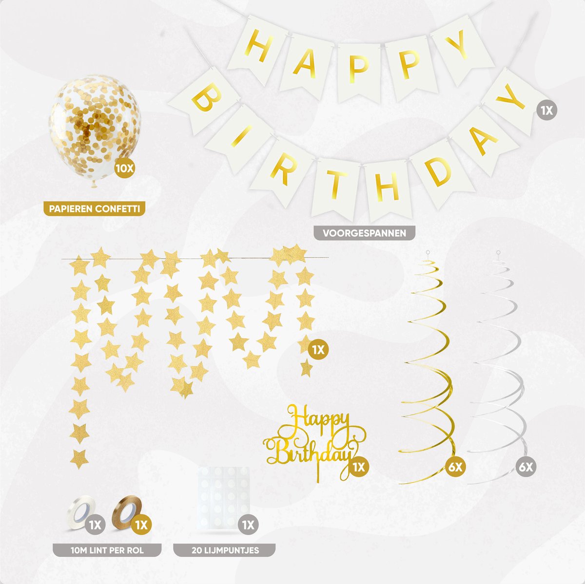 Fissaly Verjaardag Slinger Wit & Goud met Papieren Confetti Ballonnen – Decoratie – Happy Birthday - Letterslinger — afbeelding 2