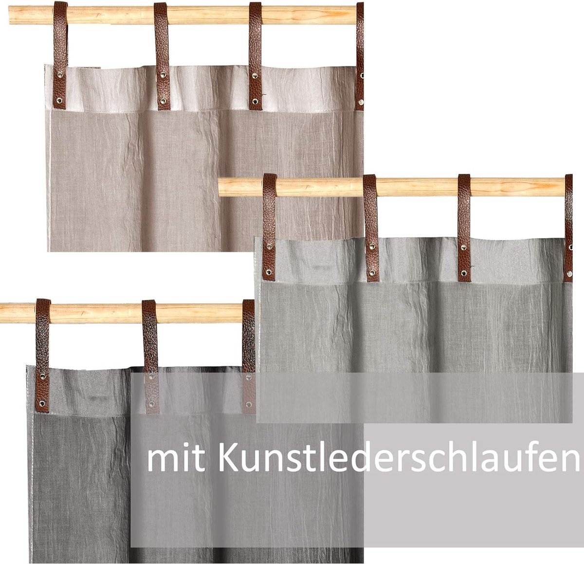 Decoratief kant-en-klaar gordijn - 135 x 245 cm - transparant - lusjes van kuntsleder - Gratis verzending