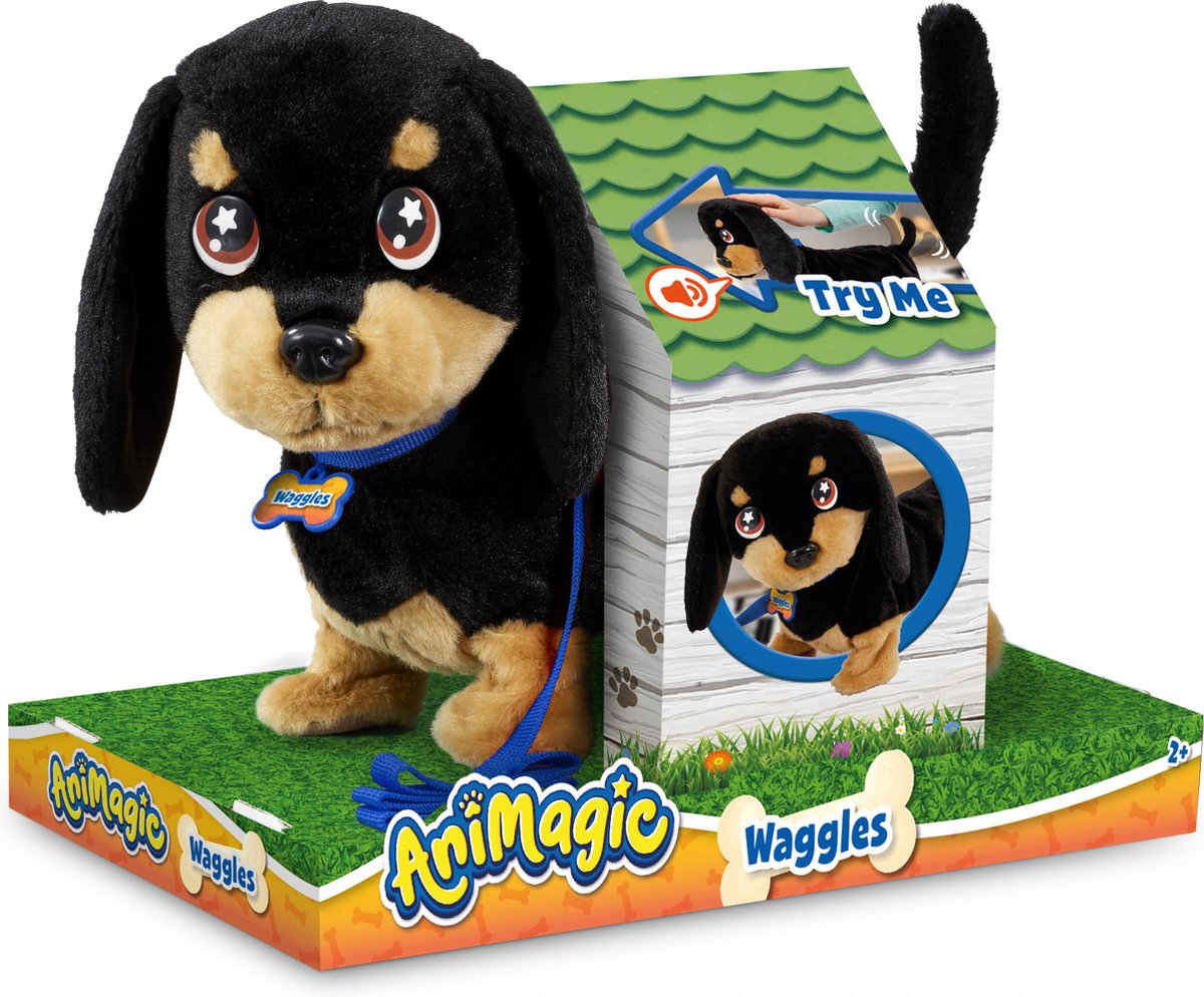 Animagic Waggles Knuffel Hond - Zwart - Interactieve Knuffel - Wandel en communiceer met Waggles