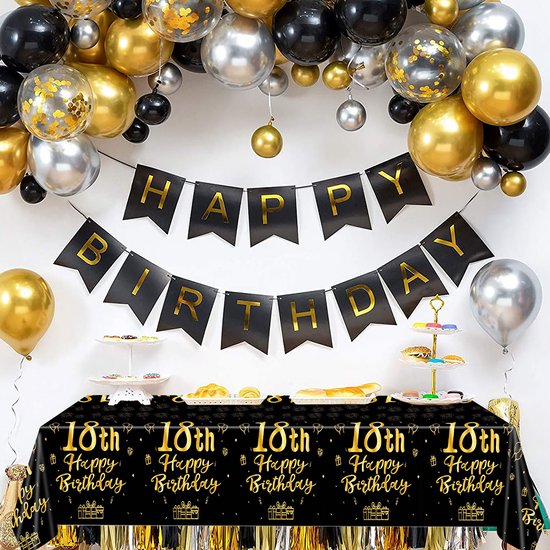 Nappe de décoration pour anniversaire de 18 ans, chemin de Table en plastique, Zwart et or, Fête, taille XL 137x274cm