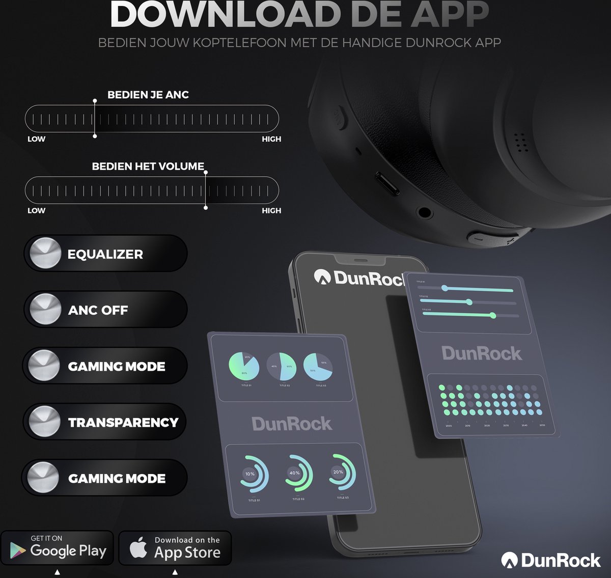 DunRock® Halo koptelefoon met ANC en multipoint - Met DunRock App voor je smartphone - draadloze bluetooth koptelefoon - met filter microfoons — afbeelding 6