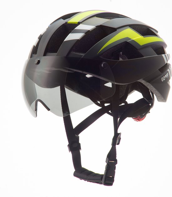 GOOFF Blitz casque de vélo 3 en 1 avec visière - ventilation maximale - avec lumière LED - 2 visières magnétiques incluses : transparente et pare-soleil - certifié CE - jaune fluo taille L