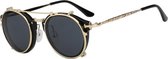 KIMU steampunk zonnebril zwart - rond vintage goud clip on voorzet