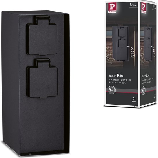 Donkergrijs buitenstopcontact met 2 stopcontacten, model 'House Rio' van Paulmann.