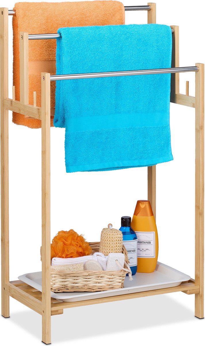 Relaxdays handdoekenrek met plank - 90 x 51 x 30,5 cm - handdoekhouder bamboe - 3 stangen