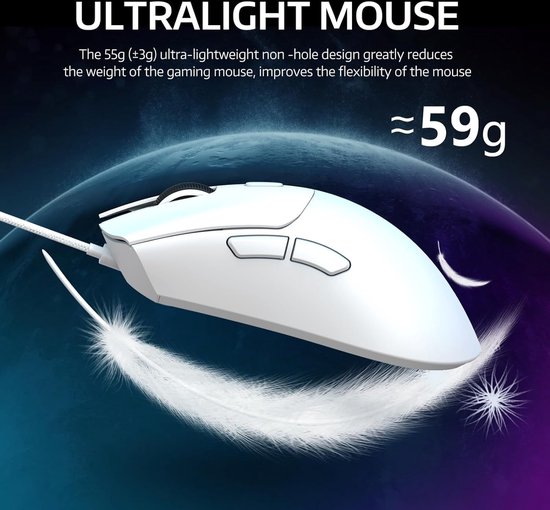 Witte ultralichte gamingmuis met witte veren, met "ULTRALIGHT MOUSE" en gewichtsaanduiding.