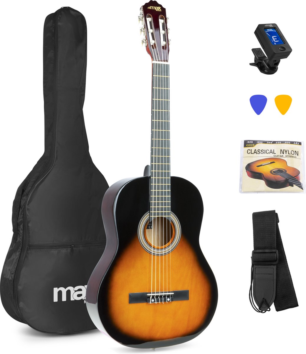 Bol.com Klassieke Akoestische Gitaar 4/4 - Met Nylon Snaren - MAX SoloArt - Beginnersset met Accessoires - Sunburst aanbieding