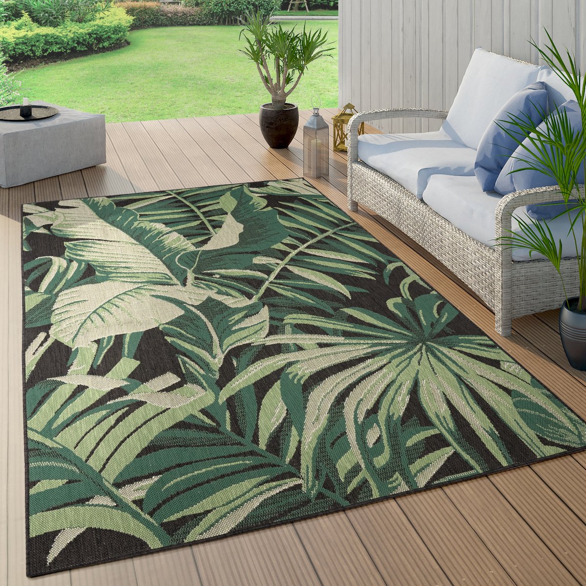Paco Home Buiten Vloerkleed Voor Buiten Balkon Palm Jungle Patroon Bloemen Boho Groen 80x250 cm