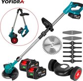 Yofidra - Tondeuse à gazon électrique - Tondeuse à gazon à batterie - Coupe-herbe - Pliable - Sans fil - 2x batterie Makita 18V - bleu clair