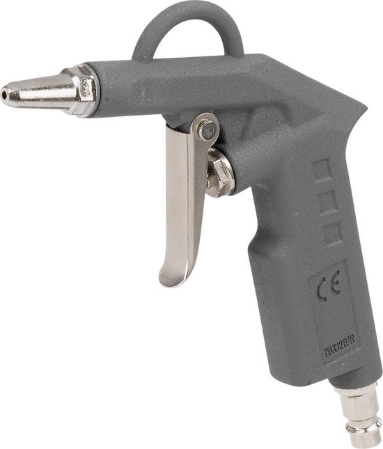 Grijs blaaspistool met zilveren trekker, metalen neus, CE-markering en "MAX 12 BAR" op de grip.