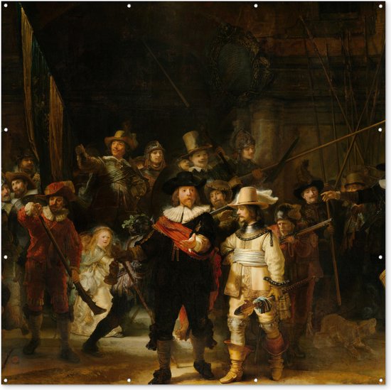 Tuin poster De Nachtwacht - Schilderij van Rembrandt van Rijn - 200x200 cm - Tuindoek - Buitenposter