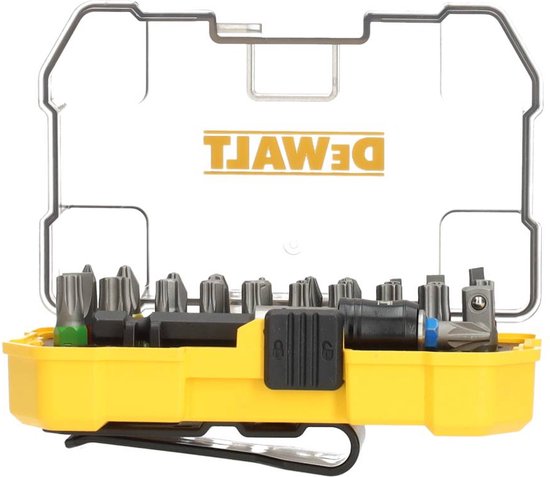 Gele DeWalt bitset in gesloten, doorzichtige kunststof cassette. De bits zijn georganiseerd in een zwarte houder.