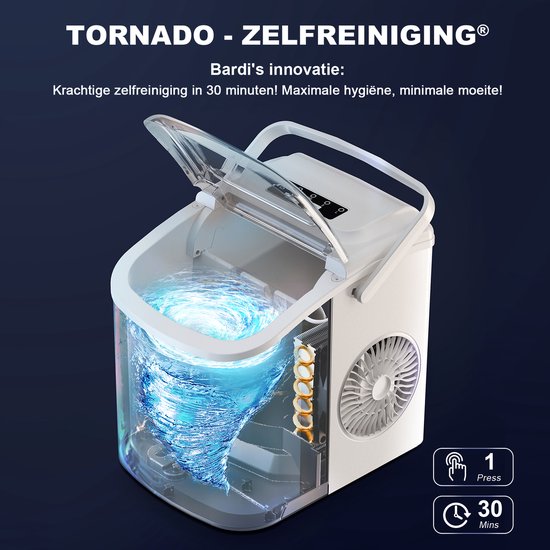 Witte Bardi ijsblokjesmachine met een visuele weergave van het 'Tornado - Zelfreiniging'-proces binnenin.
