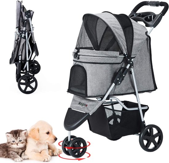 DWVO 3-in-1 kinderwagen voor honden en katten, opvouwbaar tot 22 kg, slijtvaste EVA-wielen, 360 graden, opbergmand, netvenster, 58,5 x 76 x 105 cm