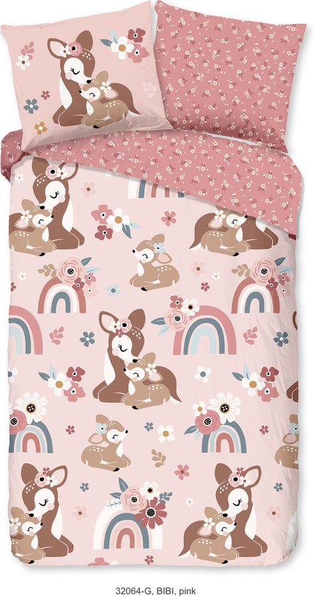 Good Morning Housse de couette enfant "bambi cerf avec arc-en-ciel" - Rose - (140x200/220 cm) - Katoen