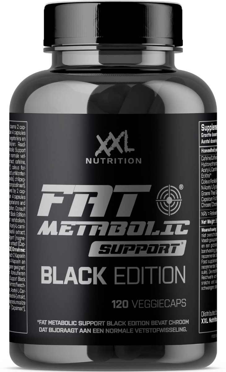 Goedkoopste XXL Nutrition - Fat Metabolic Support Black Edition - Vet Verbranden, Afvallen, Fat Burner, Dieet, Vetverbrander, Gewichtsverlies - Cafeďne, Hydroxyctric Acid & EnXtra - 120 Veggiecaps Vegan Capsules