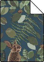 Echantillon ESTAhome papier peint animaux de la forêt bleu foncé, vert et marron - 139250 - 26,5 x 21 cm