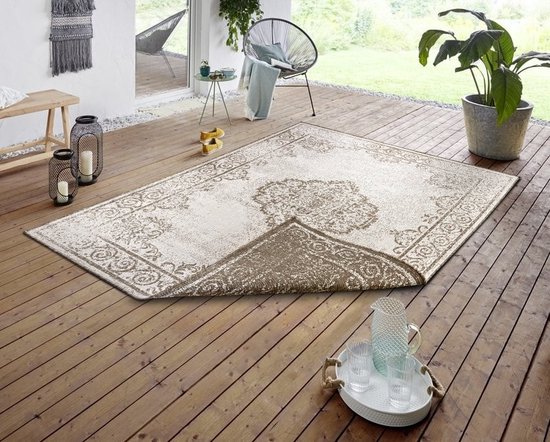 Foto: Flycarpets omkeerbaar buitenkleed vloerkleed cebu bruin creme laagpolig tuintapijt buitentapijt tuinkleed 160x230 cm