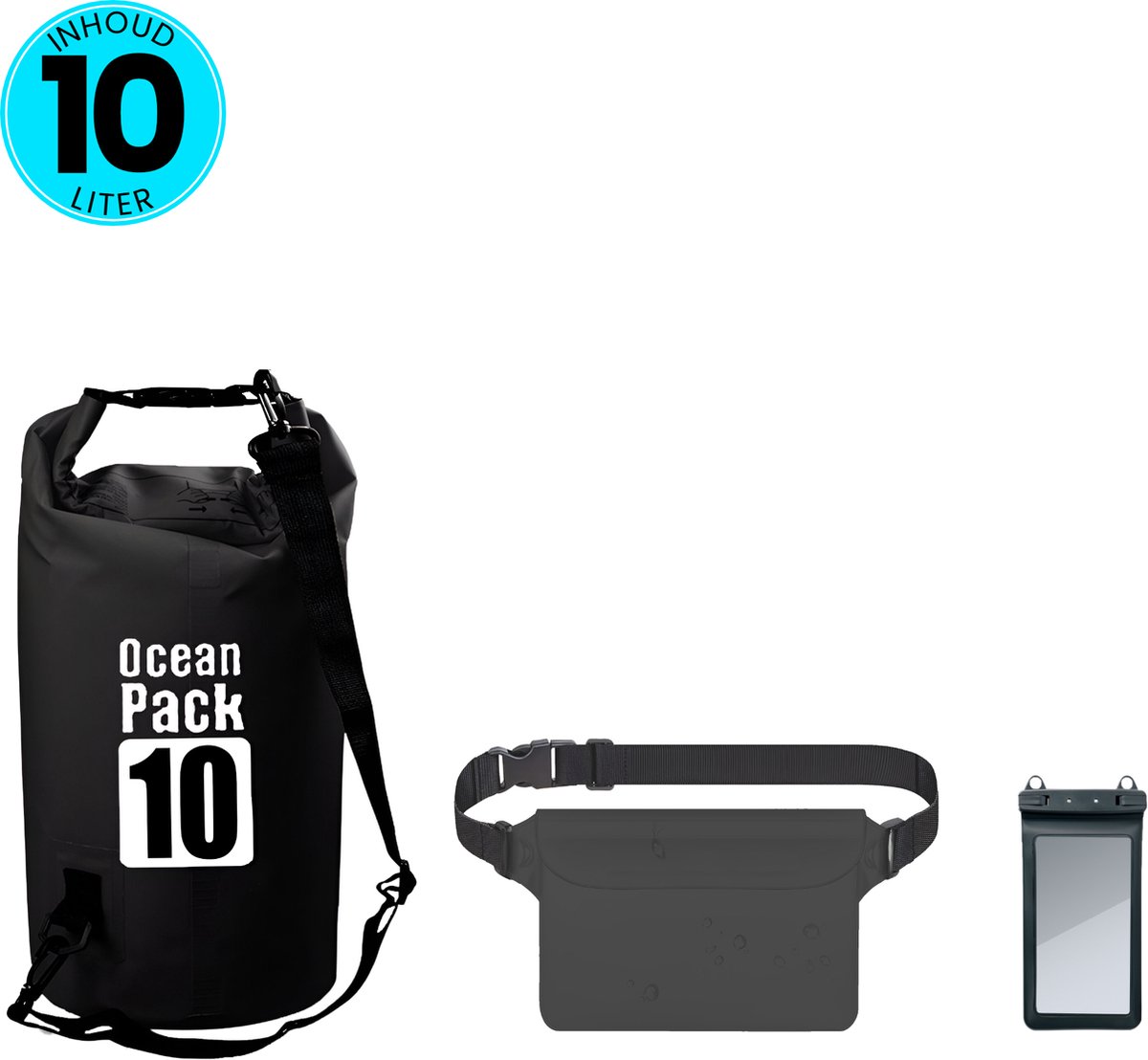 Somstyle 3-in-1 Drybag Set - 10 Liter - Droog Tas, Heuptas & Telefoonhoes Waterdicht - Outdoor, Vakantie, Travel & Zwemmen - Zwart