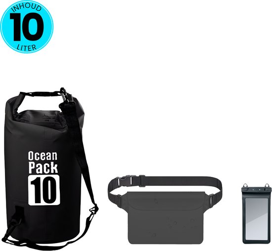 Zwarte 10 liter 'Ocean Pack' drybag, zwarte heuptas en zwarte waterdichte telefoonhoes.