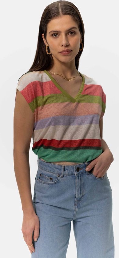 Sissy-Boy - T-shirt col V en lin rayé multicolore