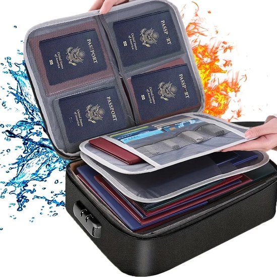 Dossier organizer met paspoort houder en slot - 3 lagen - A4 - dossiermap - dossiermappen - documentenmap - conferentiemap - dossierbox - 37X27X10.5CM - ZWART - Merkloos