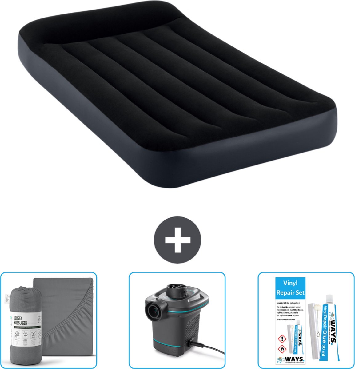 Intex Luchtbed - 1-Persoons - 99 x 191 x 25 cm - Donkerblauw - Inclusief Hoeslaken - Pomp en Reparatieset