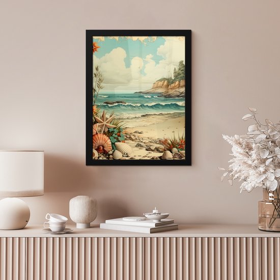 Affiche encadrée - Cadre photo 30x40 cm - Posters - Vintage - Mer - Rochers - Plantes - Nature - Affiche encadrée noire - Décoration - Décoration murale salon - Décoration murale chambre