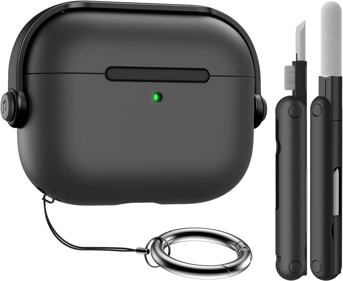 Beschermende Hard Shell Hoes voor AirPods Pro 3 (2025) - Schokbestendig, Veilig Sluitmechanisme, Inclusief Schoonmaakset en Sleutelhanger, Zwart