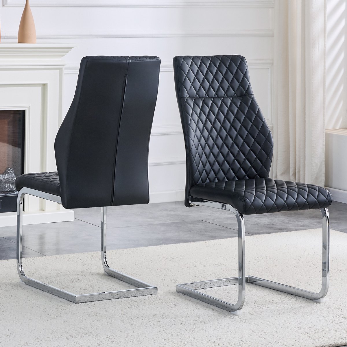 [Set van 2] Eetkamerstoelen met zwart ruitpatroon: Hoge rugleuning + comfortabel zitkussen, zilverkleurig metalen frame, antislip en duurzaam, geschikt voor restaurants etc.