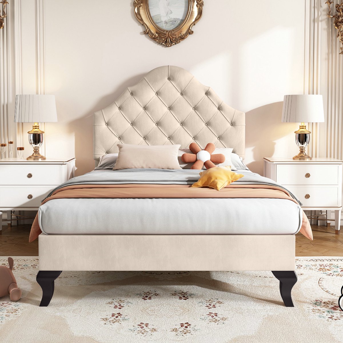 VVBV Gestoffeerd bed 90x200 / Eenpersoonsbed 90x200 – met Lattenbodem – In Hoogte Verstelbaar Hoofdbord – Tienerbed – Fluweel – Beige – Tienerbed 90x200